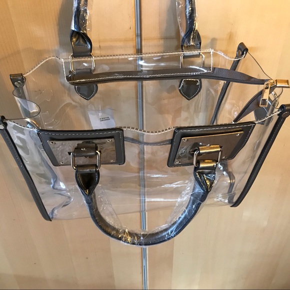 PEWTER AND TRANSPARENT 2-IN-1 SATCHEL TOTE HANDBAG - Picture 8 of 15